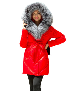 Genuine Silver Fox Fur Down Fill Coat Vinyl Finish - By Baano