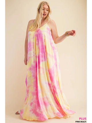 Pink and Yellow Soft Tie-Dye Fabrication Strappy Maxi Dress
