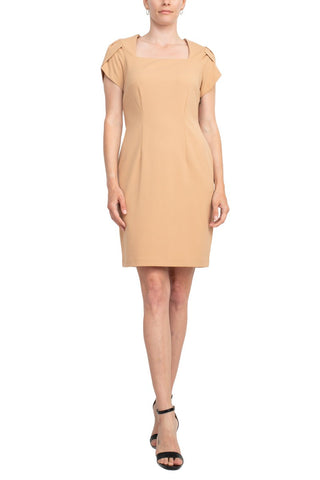 Connected Apparel Square Neck Short Sleeve Zipper Back Sheath Solid Stretch Crepe Dress - By Baano