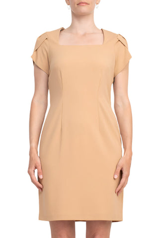Connected Apparel Square Neck Short Sleeve Zipper Back Sheath Solid Stretch Crepe Dress - By Baano