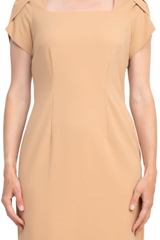 Connected Apparel Square Neck Short Sleeve Zipper Back Sheath Solid Stretch Crepe Dress - By Baano