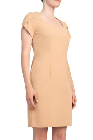 Connected Apparel Square Neck Short Sleeve Zipper Back Sheath Solid Stretch Crepe Dress - By Baano