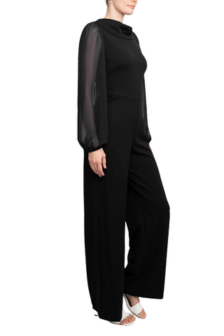 Connected Apparel Popover Neck Chiffon Long Sleeve Zipper Back Solid Jumpsuit - By Baano