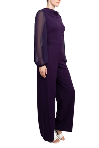 Connected Apparel Popover Neck Chiffon Long Sleeve Zipper Back Solid Jumpsuit - By Baano