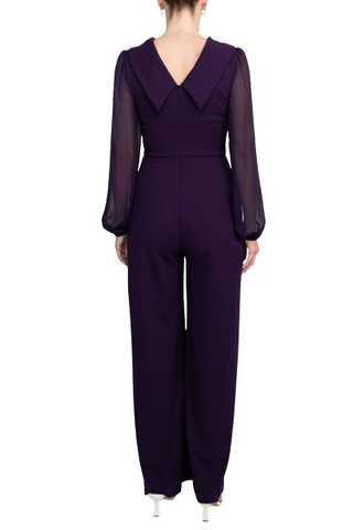 Connected Apparel Popover Neck Chiffon Long Sleeve Zipper Back Solid Jumpsuit - By Baano
