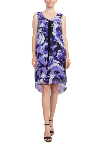 Connected Apparel Scoop Neck Sleeveless Floral Print Chiffon Overlay Stretch Crepe Dress - By Baano