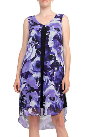 Connected Apparel Scoop Neck Sleeveless Floral Print Chiffon Overlay Stretch Crepe Dress - By Baano