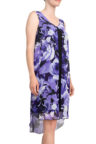 Connected Apparel Scoop Neck Sleeveless Floral Print Chiffon Overlay Stretch Crepe Dress - By Baano