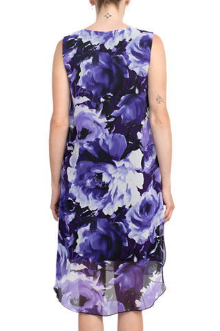 Connected Apparel Scoop Neck Sleeveless Floral Print Chiffon Overlay Stretch Crepe Dress - By Baano