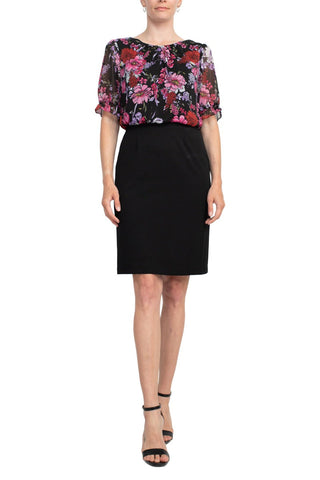 Connected Apparel Boat Neck Short Sleeve Floral Print Chiffon Bodice Stretch Crepe Dress - By Baano