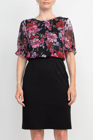 Connected Apparel Boat Neck Short Sleeve Floral Print Chiffon Bodice Stretch Crepe Dress - By Baano
