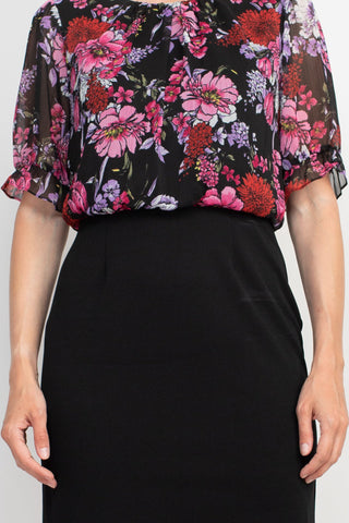 Connected Apparel Boat Neck Short Sleeve Floral Print Chiffon Bodice Stretch Crepe Dress - By Baano