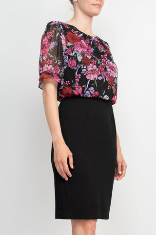 Connected Apparel Boat Neck Short Sleeve Floral Print Chiffon Bodice Stretch Crepe Dress - By Baano