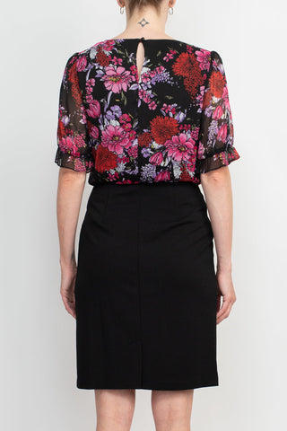 Connected Apparel Boat Neck Short Sleeve Floral Print Chiffon Bodice Stretch Crepe Dress - By Baano
