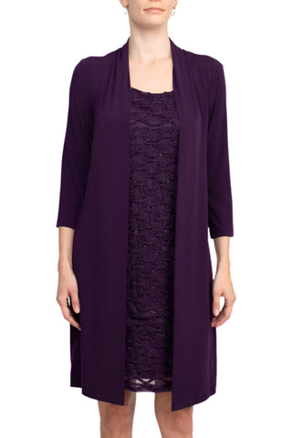 Connected Apparel Scoop Neckline 3/4 Sleeves Pull Over Short Metallic Knit Dress with Attached Jacket