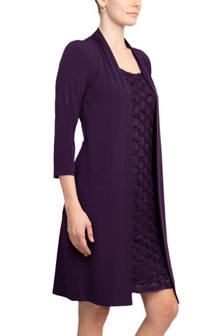 Connected Apparel Scoop Neckline 3/4 Sleeves Pull Over Short Metallic Knit Dress with Attached Jacket