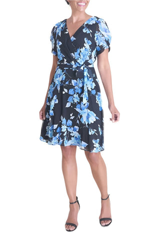 Connected Apparel V - Neck Short Sleeve Tie Waist Floral Print Chiffon Dress - Glamourous Grace