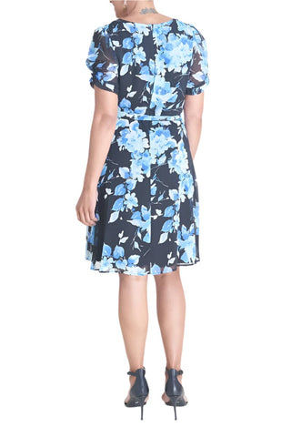 Connected Apparel V - Neck Short Sleeve Tie Waist Floral Print Chiffon Dress - Glamourous Grace