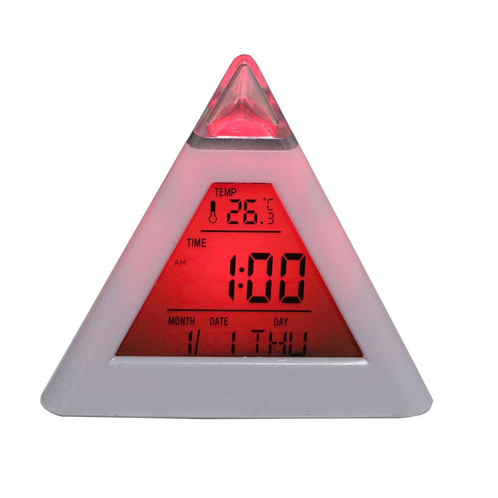 Triangle Pyramid Calendar Thermometer Colorful Backlight Change Clock Digital Alarm Clock Digital Alarm Thermometer Night Glowing Cube Clock LED Change LCD for Bedroom Stevvex