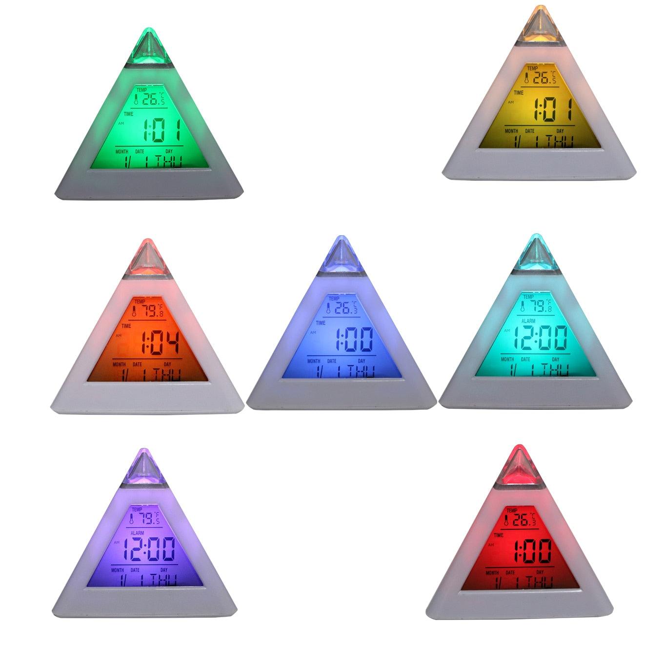Triangle Pyramid Calendar Thermometer Colorful Backlight Change Clock Digital Alarm Clock Digital Alarm Thermometer Night Glowing Cube Clock LED Change LCD for Bedroom Stevvex