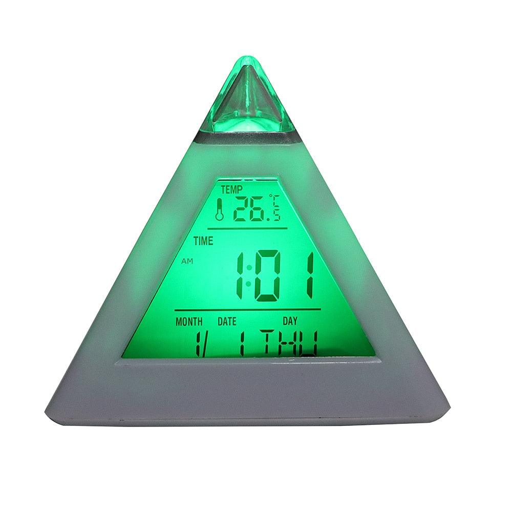 Triangle Pyramid Calendar Thermometer Colorful Backlight Change Clock Digital Alarm Clock Digital Alarm Thermometer Night Glowing Cube Clock LED Change LCD for Bedroom Stevvex