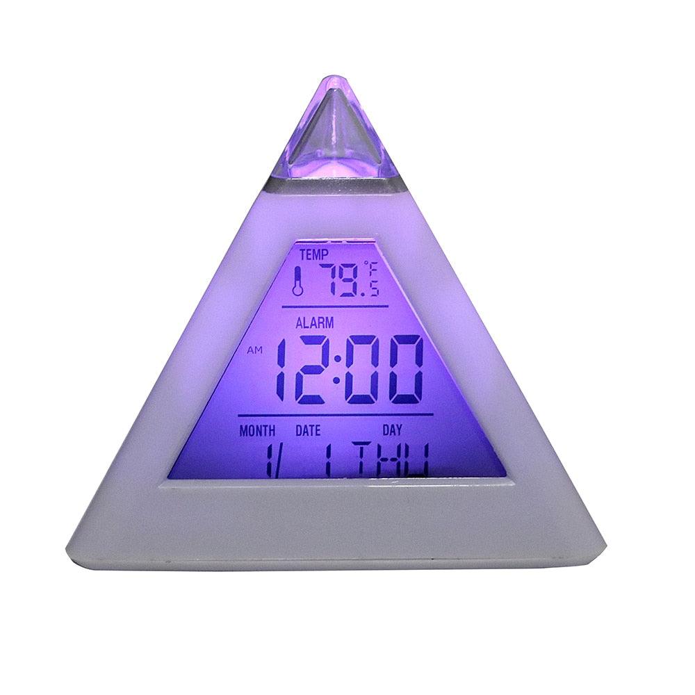 Triangle Pyramid Calendar Thermometer Colorful Backlight Change Clock Digital Alarm Clock Digital Alarm Thermometer Night Glowing Cube Clock LED Change LCD for Bedroom Stevvex