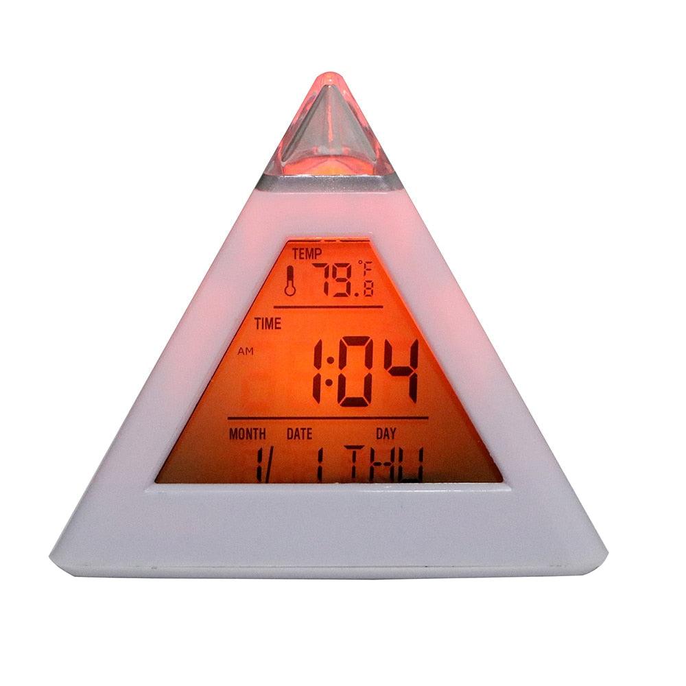Triangle Pyramid Calendar Thermometer Colorful Backlight Change Clock Digital Alarm Clock Digital Alarm Thermometer Night Glowing Cube Clock LED Change LCD for Bedroom Stevvex