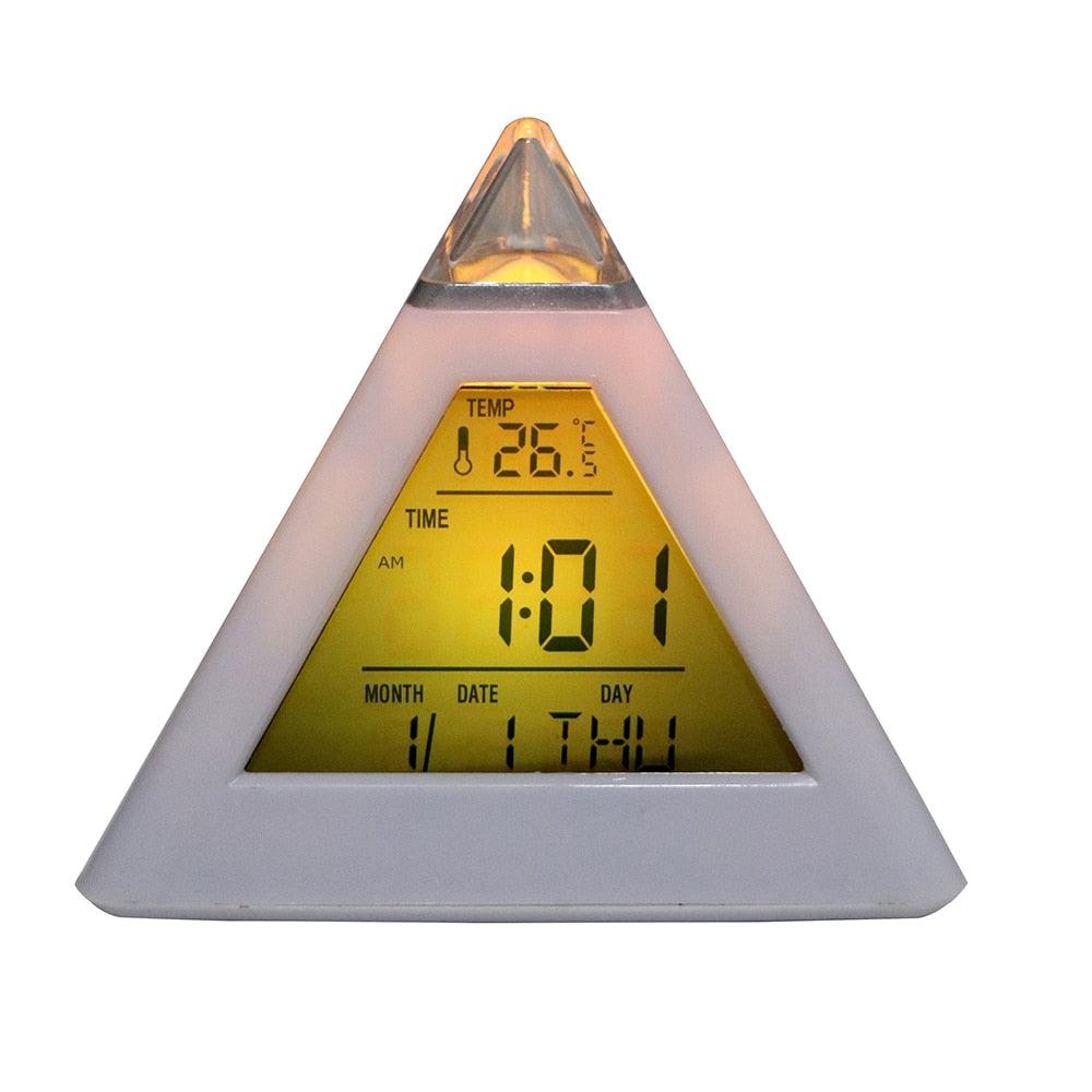 Triangle Pyramid Calendar Thermometer Colorful Backlight Change Clock Digital Alarm Clock Digital Alarm Thermometer Night Glowing Cube Clock LED Change LCD for Bedroom Stevvex