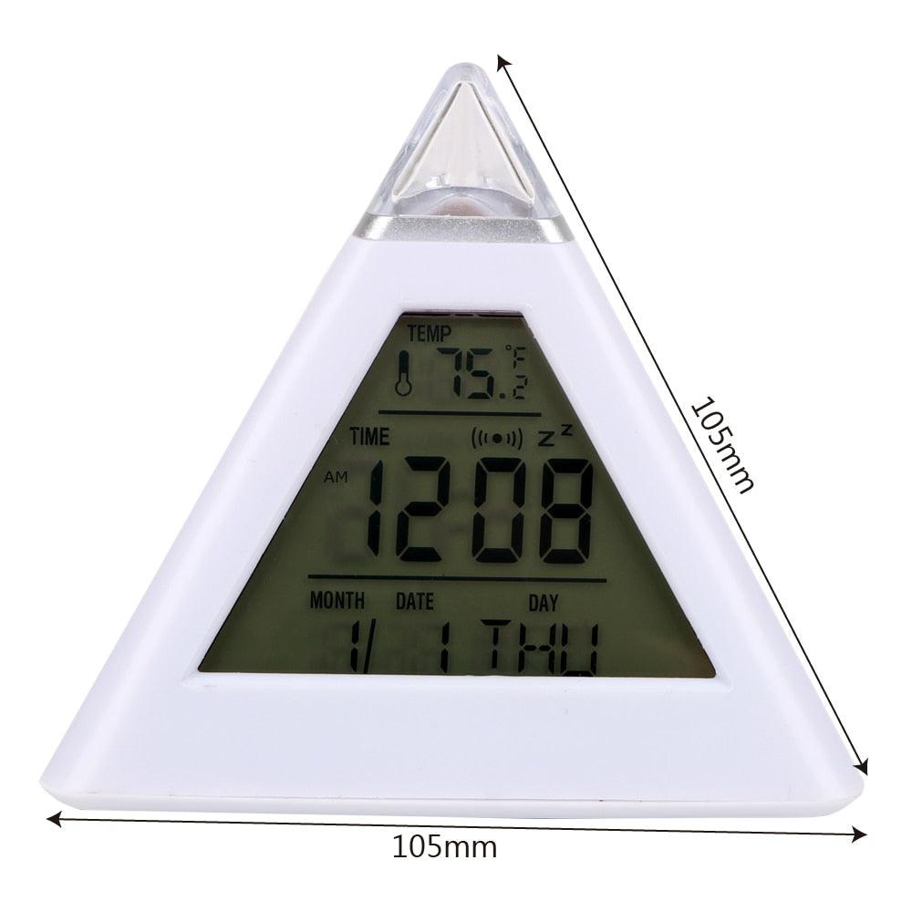 Triangle Pyramid Calendar Thermometer Colorful Backlight Change Clock Digital Alarm Clock Digital Alarm Thermometer Night Glowing Cube Clock LED Change LCD for Bedroom Stevvex
