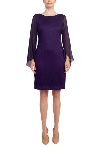 Connected Apparel Boat Neck Chiffon Long Sleeve Sheath Embroidered Dress - By Baano