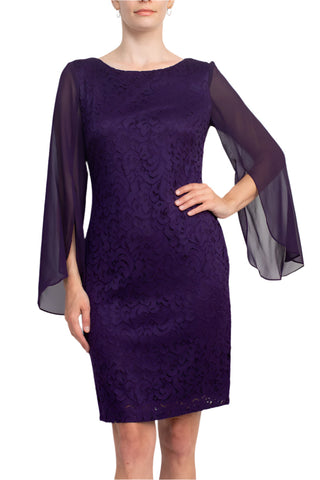 Connected Apparel Boat Neck Chiffon Long Sleeve Sheath Embroidered Dress - By Baano