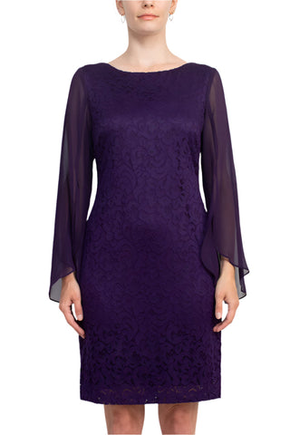 Connected Apparel Boat Neck Chiffon Long Sleeve Sheath Embroidered Dress - By Baano