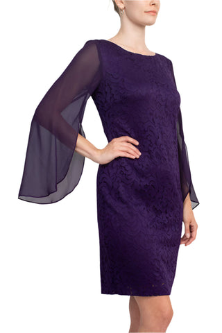 Connected Apparel Boat Neck Chiffon Long Sleeve Sheath Embroidered Dress - By Baano