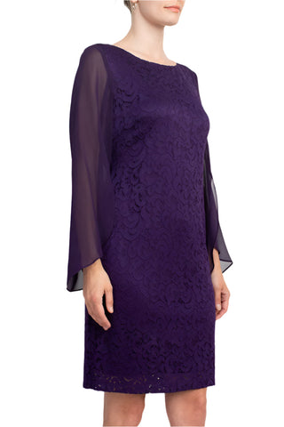 Connected Apparel Boat Neck Chiffon Long Sleeve Sheath Embroidered Dress - By Baano