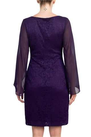 Connected Apparel Boat Neck Chiffon Long Sleeve Sheath Embroidered Dress - By Baano