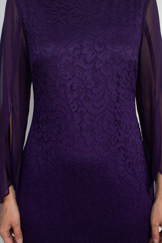 Connected Apparel Boat Neck Chiffon Long Sleeve Sheath Embroidered Dress - By Baano