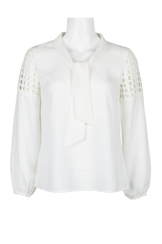 Tahari ASL Tie Neck Long Sleeve Lasercut Shoulder Keyhole Back Crepe Top (Petite) - By Baano