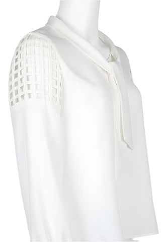 Tahari ASL Tie Neck Long Sleeve Lasercut Shoulder Keyhole Back Crepe Top (Petite) - By Baano
