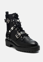 Tucker Studded Strped Lace-Up Biker Boots