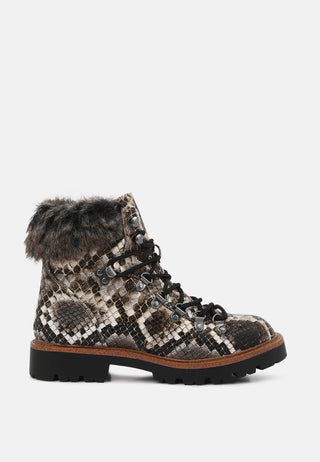 tyra snake print faux fur cuff boots