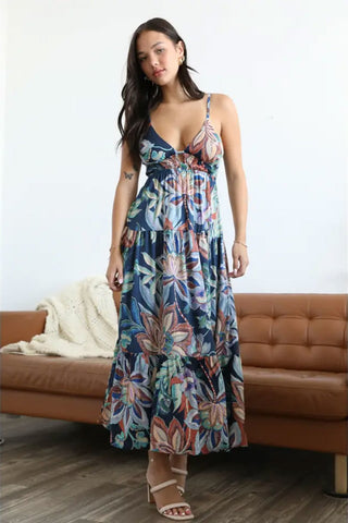 V Neck Open Tie Back Maxi Dress