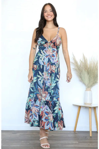 V Neck Open Tie Back Maxi Dress