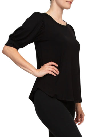 Joan Vass NY Scoop Neck Short Shirred Sleeve Solid Shirttail Hem - Glamourous Grace