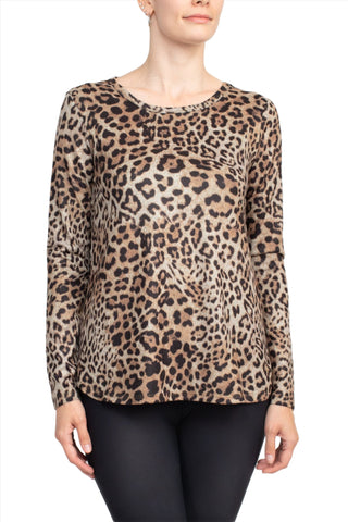 Joan Vass NY Scoop Neck Long Sleeve High-Low Hem Animal Print Jersey Top - By Baano