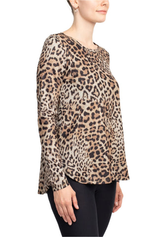 Joan Vass NY Scoop Neck Long Sleeve High-Low Hem Animal Print Jersey Top - By Baano