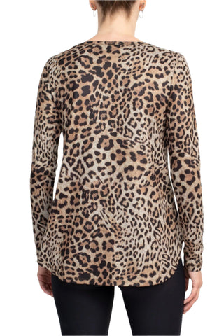 Joan Vass NY Scoop Neck Long Sleeve High-Low Hem Animal Print Jersey Top - By Baano