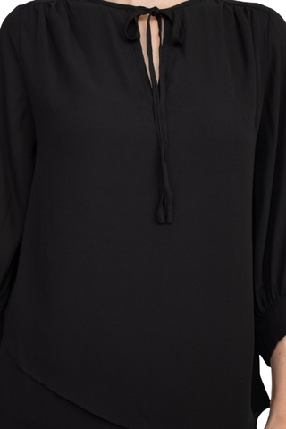 Joan Vass NY Crew Neck Tie Neck 3-4 Shirred Sleeve Front Panel Double Layer Crepe Top - By Baano