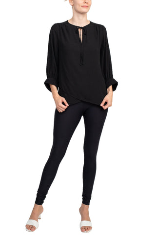 Joan Vass NY Crew Neck Tie Neck 3-4 Shirred Sleeve Front Panel Double Layer Crepe Top - By Baano