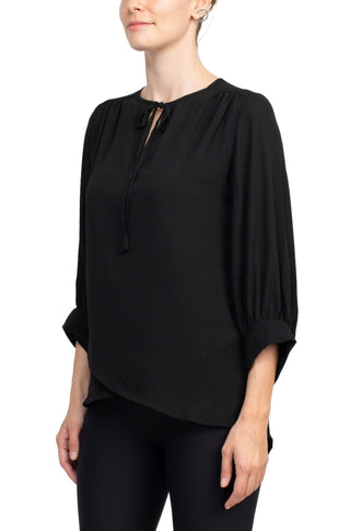 Joan Vass NY Crew Neck Tie Neck 3-4 Shirred Sleeve Front Panel Double Layer Crepe Top - By Baano
