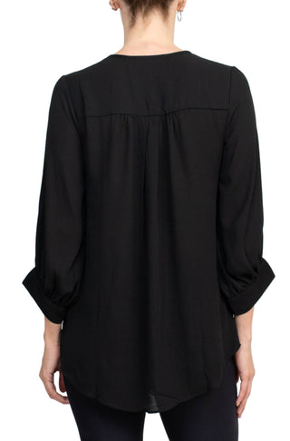 Joan Vass NY Crew Neck Tie Neck 3-4 Shirred Sleeve Front Panel Double Layer Crepe Top - By Baano